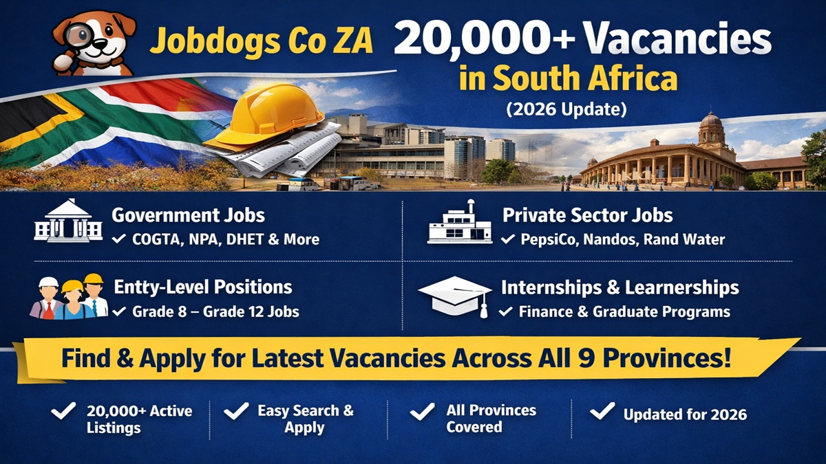 Jobdogs Co ZA banner showing 20,000 plus job vacancies in South Africa for 2026 including government jobs, private sector jobs, internships and entry-level positions